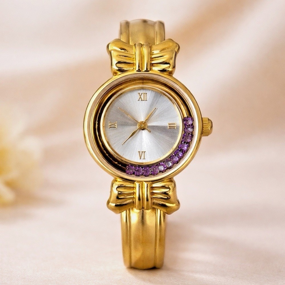 GoldTone Bracelet Watch Floating deep lavender Rhinestone Bezel Japan Quartz Y2K
